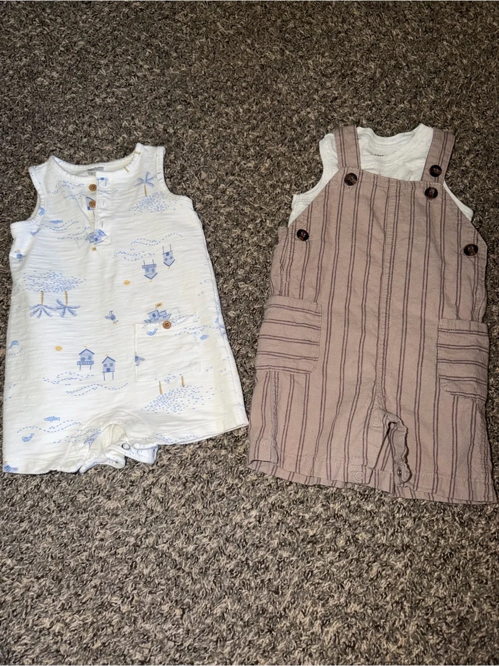 Carter's White and Brown Baby Romper Bundle - Blue Print & Striped Overalls